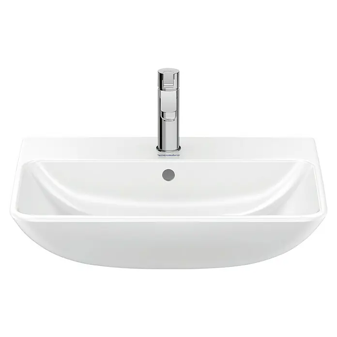 Duravit ME by Starck Waschtisch Typ 2 - 60 x 46 cm, Ohne Spezialglasur, Hahnloch: Mitte, Mit Überlauf, Weiß - Ein weißes Duravit Waschbecken mit einer modernen Armatur auf einem schwarzen Hintergrund.