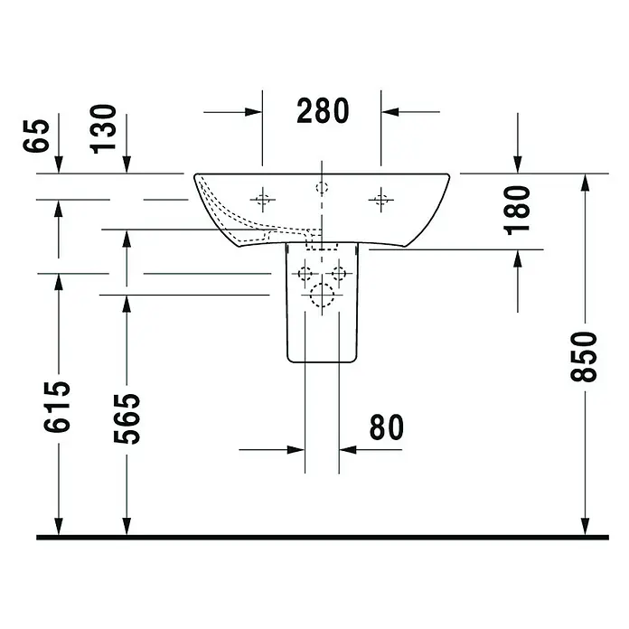 Duravit ME by Starck Waschtisch Typ 2 - 60 x 46 cm, Ohne Spezialglasur, Hahnloch: Mitte, Mit Überlauf, Weiß - Technische Zeichnung eines Waschbeckens mit allen Maßen, die für die Installation des Produkts erforderlich sind.