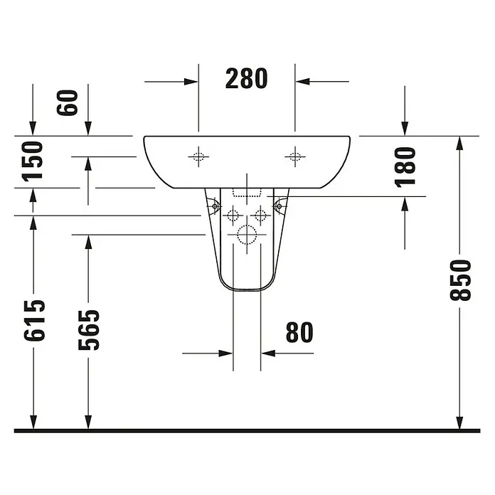 Duravit D-Code Waschtisch - 60 x 46 cm, Ohne Spezialglasur, Hahnloch: Mitte, Mit Überlauf, Weiß - Technische Zeichnung eines Waschbeckens mit Maßangaben für Installation und Design. Das Waschbecken ist detailliert bemaßt.