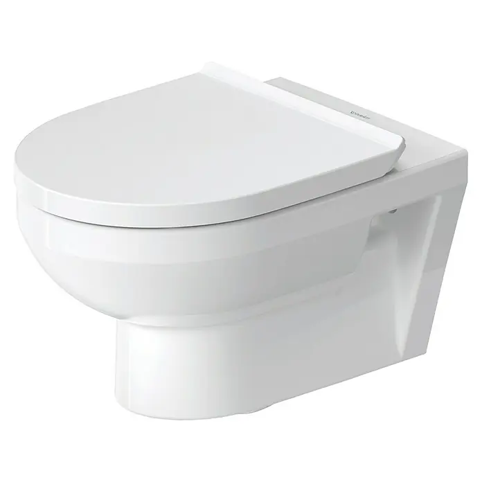 Duravit DuraStyle Wand-WC Basic - Spülrandlos, Ohne Spezialglasur, Spülform: Tief, WC Abgang: Waagerecht, Weiß - Nahaufnahme einer Duravit Wandtoilette in Weiß mit geschlossenem Deckel, die ein elegantes und minimalistisches Design aufweist.