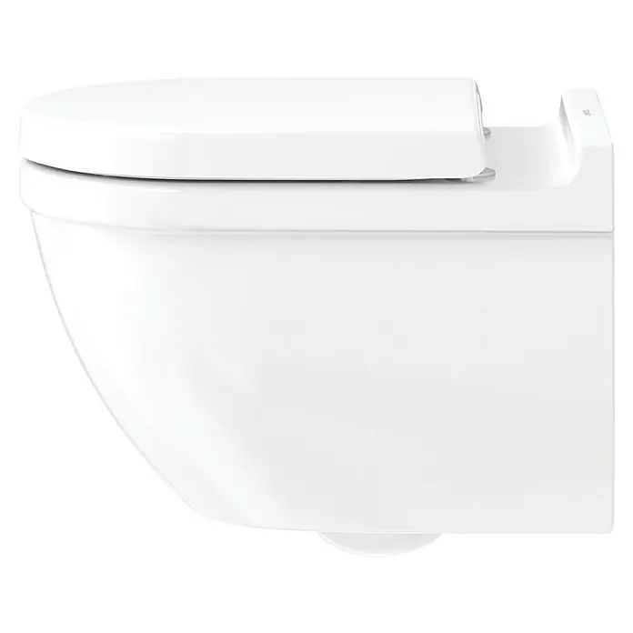 Duravit Starck 3 Wand-WC - Spülrandlos, Mit antibakterieller Glasur, Spülform: Tief, WC Abgang: Waagerecht, Weiß - Nahaufnahme einer wandhängenden Toilette in Weiß, die modernes Design und hygienische Funktionalität vereint.
