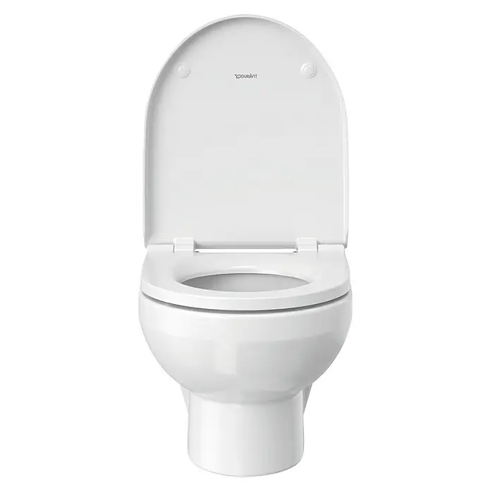 Duravit DuraStyle Wand-WC Basic - Spülrandlos, Ohne Spezialglasur, Spülform: Tief, WC Abgang: Waagerecht, Weiß - Nahaufnahme einer weißen Duravit Toilette mit offenem Deckel, die ein modernes und hygienisches Design für Badezimmer zeigt.