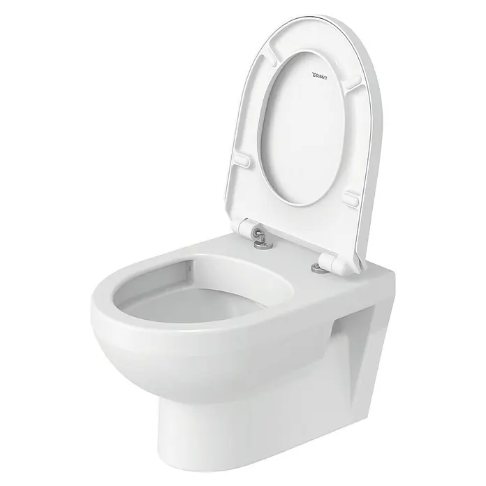 Duravit DuraStyle Wand-WC Basic - Spülrandlos, Ohne Spezialglasur, Spülform: Tief, WC Abgang: Waagerecht, Weiß - Weisse wandhängende Duravit Toilette mit offenem Deckel, modernes Design für das Badezimmer.\n
