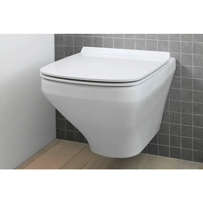 Duravit DuraStyle Wand-WC-Set Compact - Spülrandlos, Ohne Spezialglasur, Spülform: Tief, WC Abgang: Waagerecht, Weiß - Das Bild zeigt eine moderne, wandhängende Toilette in Weiß, die sich durch ihr quadratisches Design und die glatten Oberflächen auszeichnet.