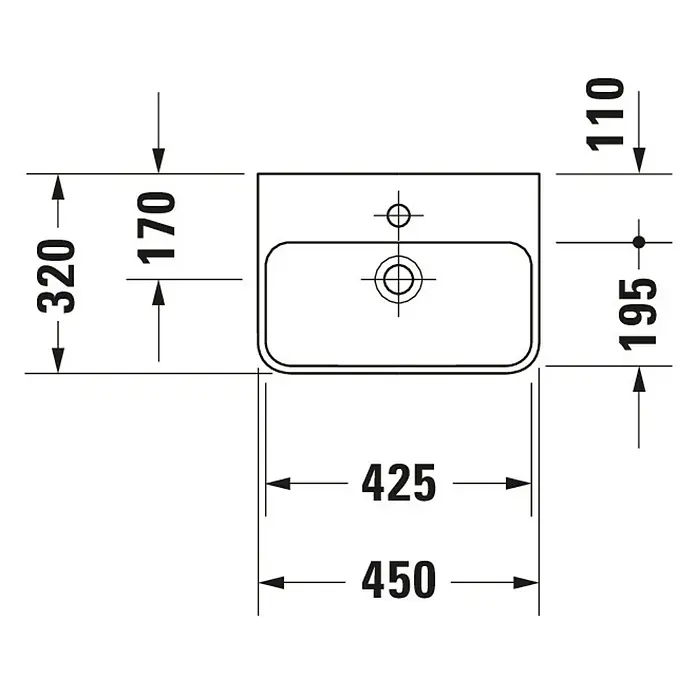 Duravit ME by Starck Waschbecken - 45 x 32 cm, Ohne Spezialglasur, Hahnloch: Mitte, Mit Überlauf, Weiß - Draufsicht des Duravit Vero Air Handwaschbeckens mit Maßangaben für Installation und Design.