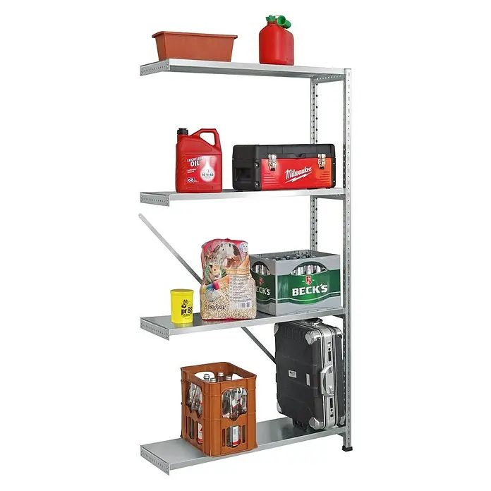 Scholz System Schwerlastregal Anbauelement - H x B x T: 192 x 80 x 30 cm, Traglast pro Boden: 100 kg, Anzahl Böden: 4 Stk., Stecken, Silber - Silbernes Regal mit Behältern, Getränken und Werkzeugkiste. Ideal für Garage oder Werkstatt zur Aufbewahrung verschiedener Gegenstände.