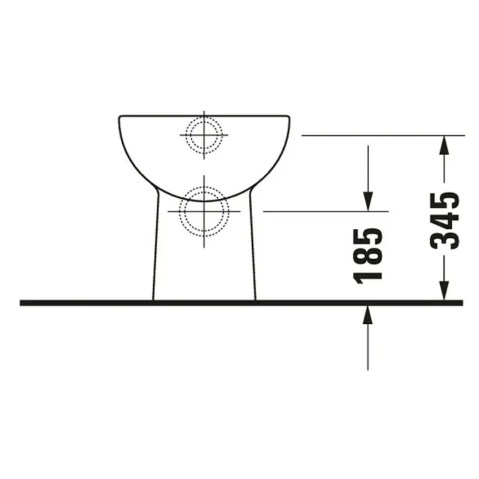 Duravit D-Code Stand-WC - Mit Spülrand, Ohne Spezialglasur, Spülform: Tief, WC Abgang: Waagerecht, Weiß - Detailzeichnung eines Sanitärbidet mit Höhenangaben von 185 mm und 345 mm, technische Spezifikationen für Installation und Design.