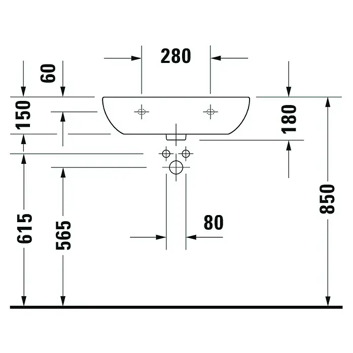 Duravit D-Code Waschtisch - 60 x 46 cm, Ohne Spezialglasur, Hahnloch: Mitte, Mit Überlauf, Weiß - Technische Zeichnung eines Waschbeckens mit Maßen und Abmessungen für die Installation.
