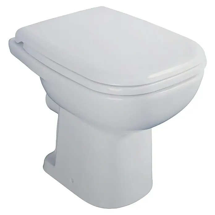 Duravit D-Code Stand-WC - Mit Spülrand, Ohne Spezialglasur, Spülform: Tief, WC Abgang: Waagerecht, Weiß - Nahaufnahme einer weißen Standtoilette mit geschlossenem Deckel, die ein modernes und hygienisches Badezimmerdesign präsentiert.