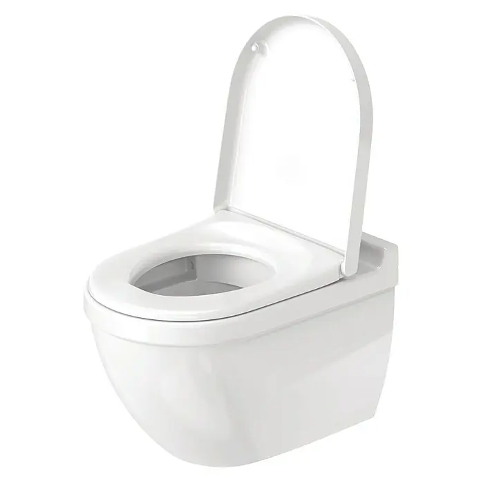 Duravit Starck 3 Wand-WC - Spülrandlos, Mit antibakterieller Glasur, Spülform: Tief, WC Abgang: Waagerecht, Weiß - Bild einer weißen Wandtoilette mit offenem Deckel vor schwarzem Hintergrund.