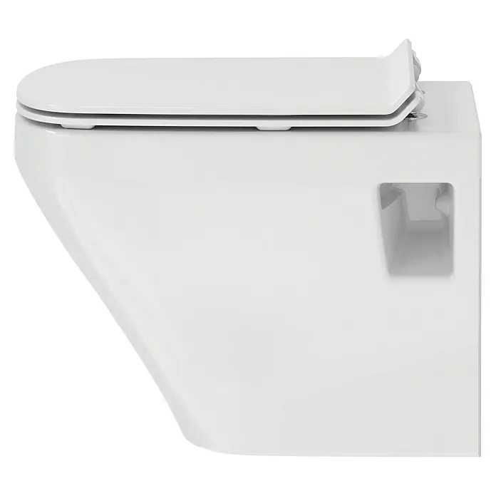 Duravit DuraStyle Wand-WC-Set Compact - Spülrandlos, Ohne Spezialglasur, Spülform: Tief, WC Abgang: Waagerecht, Weiß - Dieses Bild zeigt eine weiße Wand-Toilette. Die moderne Toilette hat einen Sitz und einen Deckel, die beide geschlossen sind und verfügt über ein Fach.