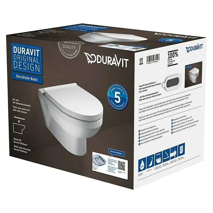 Duravit DuraStyle Wand-WC-Set Basic - Spülrandlos, Ohne Spezialglasur, Spülform: Tief, WC Abgang: Waagerecht, Weiß - Verpackung des Duravit DuraStyle Basic Wand-WCs mit Softclose-Funktion und spülrandlosem Design.