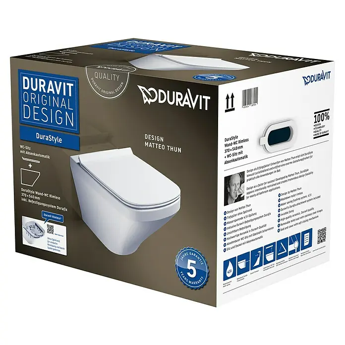Duravit DuraStyle Wand-WC-Set - Spülrandlos, Ohne Spezialglasur, Spülform: Tief, WC Abgang: Waagerecht, Weiß - Produktverpackung für ein Duravit DuraStyle Wand-WC Rimless mit Absenkautomatik, Design Matteo Thun.