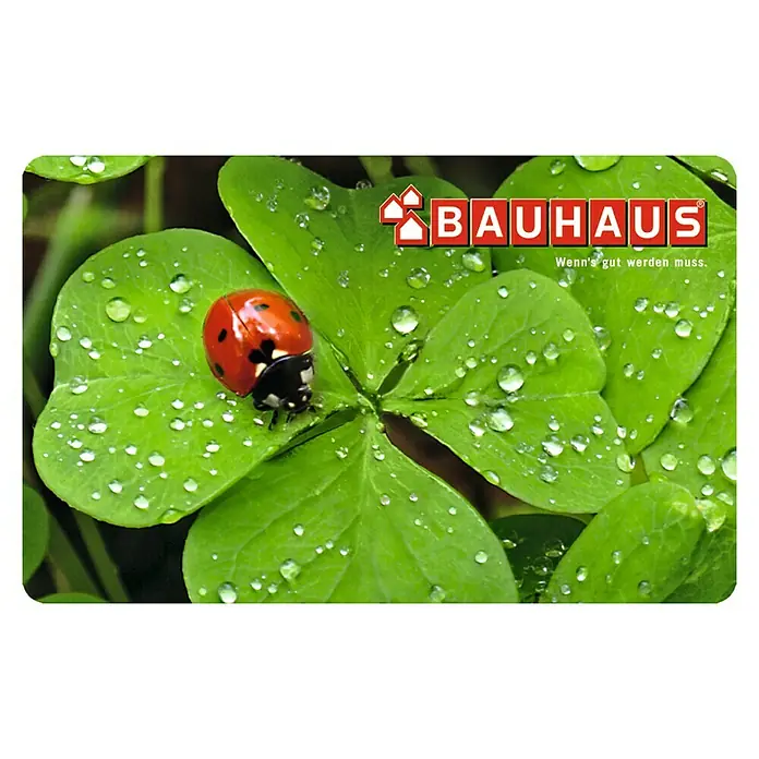 Gutscheinkarte - Zum Selbstausdruck, 10 Euro, Kleeblatt - Glückwunschkarte von Bauhaus mit einem Marienkäfer auf einem Kleeblatt, verziert mit Wassertropfen.
