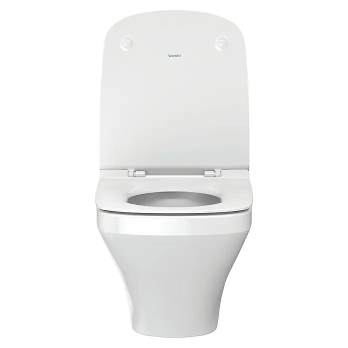 Duravit DuraStyle Wand-WC-Set Compact - Spülrandlos, Ohne Spezialglasur, Spülform: Tief, WC Abgang: Waagerecht, Weiß - Ein weißes Duravit Wand-WC mit hochgeklapptem Deckel, das Design und Funktionalität vereint. Ideal für moderne Badezimmer.