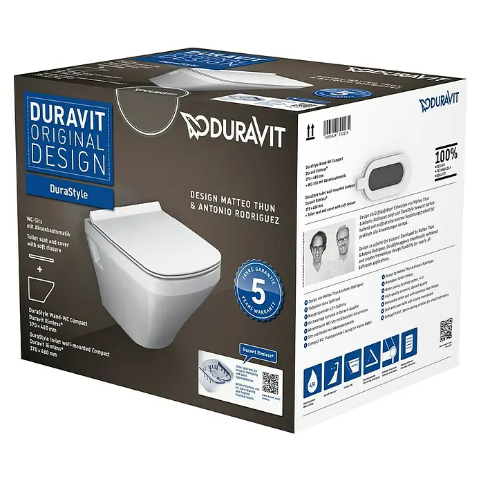 Duravit DuraStyle Wand-WC-Set Compact - Spülrandlos, Ohne Spezialglasur, Spülform: Tief, WC Abgang: Waagerecht, Weiß - Duravit DuraStyle Wand-WC Compact: Spülrandloses Design mit Absenkautomatik für höchsten Komfort und Hygiene im Badezimmer.