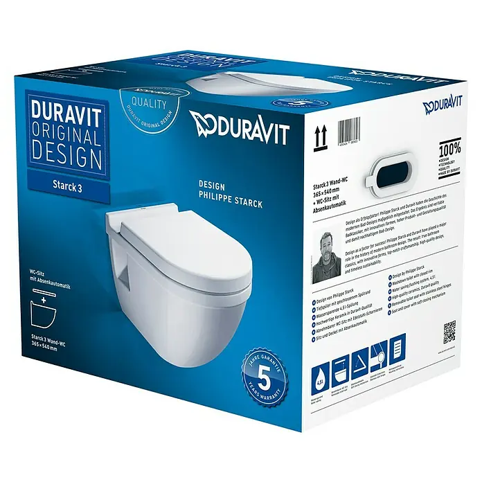 Duravit Starck 3 Wand-WC-Set - Mit Spülrand, Ohne Spezialglasur, Spülform: Tief, WC Abgang: Waagerecht, Sichtbarkeit Befestigung: Sichtbar - Verpackung der Duravit Starck 3 Wandtoilette mit Absenkautomatik, ein Design von Philippe Starck mit 5 Jahren Garantie.