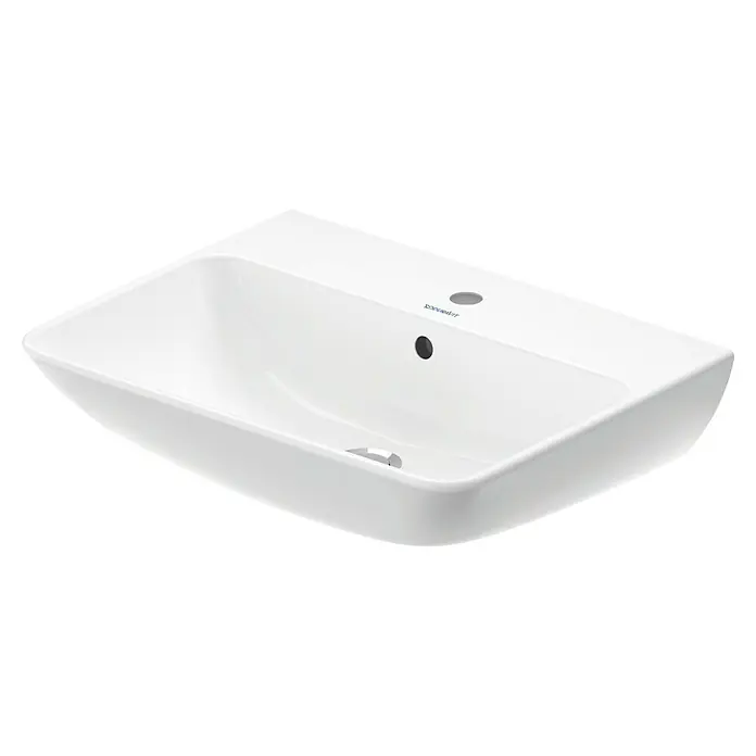 Duravit ME by Starck Waschtisch Typ 2 - 60 x 46 cm, Ohne Spezialglasur, Hahnloch: Mitte, Mit Überlauf, Weiß - Nahaufnahme eines weißen Duravit-Waschbeckens mit Hahnloch und Überlauf, ideal für moderne Badezimmer.