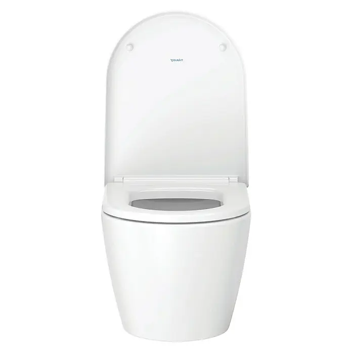 Duravit ME by Starck Wand-WC-Set Typ 1 - Spülrandlos, Ohne Spezialglasur, Spülform: Tief, WC Abgang: Waagerecht, Weiß - Ein weißes Duravit Wand-WC mit offenem Deckel, das ein modernes und sauberes Design für jedes Badezimmer bietet.