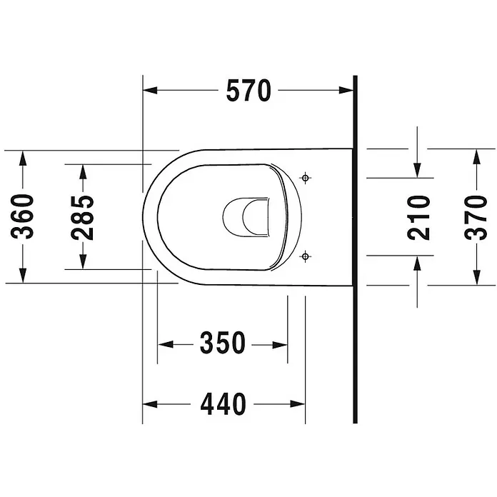 Duravit ME by Starck Wand-WC-Set Typ 1 - Spülrandlos, Ohne Spezialglasur, Spülform: Tief, WC Abgang: Waagerecht, Weiß - Technische Zeichnung einer Duravit Wand-WC-Installation mit Maßangaben zu Abmessungen und Wandabstand.