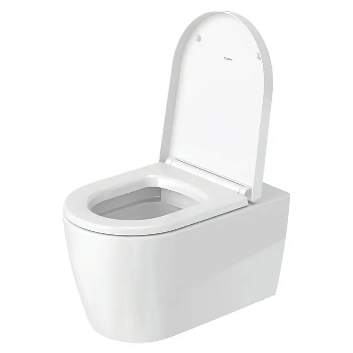 Duravit ME by Starck Wand-WC-Set Typ 1 - Spülrandlos, Ohne Spezialglasur, Spülform: Tief, WC Abgang: Waagerecht, Weiß - Ein modernes, wandhängendes, weißes Duravit WC mit offenem Deckel, ideal für ein stilvolles Badezimmerdesign.