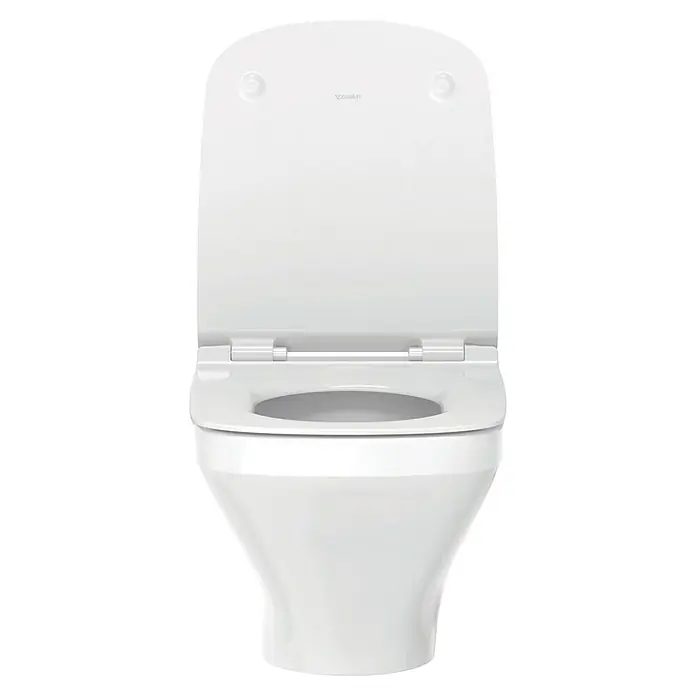 Duravit DuraStyle Wand-WC-Set - Spülrandlos, Ohne Spezialglasur, Spülform: Tief, WC Abgang: Waagerecht, Weiß - Weisse Duravit Toilette mit offenem Deckel, moderne Badkeramik für ein stilvolles Badezimmerdesign, inklusive WC-Sitz und Befestigung.
