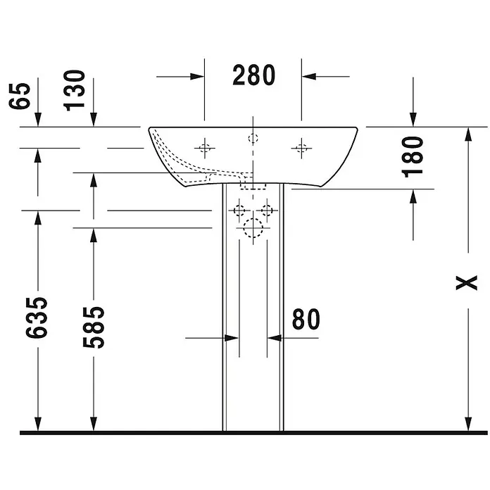 Duravit ME by Starck Waschtisch Typ 2 - 60 x 46 cm, Ohne Spezialglasur, Hahnloch: Mitte, Mit Überlauf, Weiß - Schemazeichnung eines Waschbeckens mit Maßen. Die Gesamthöhe des Waschbeckens ist mit "X" gekennzeichnet.