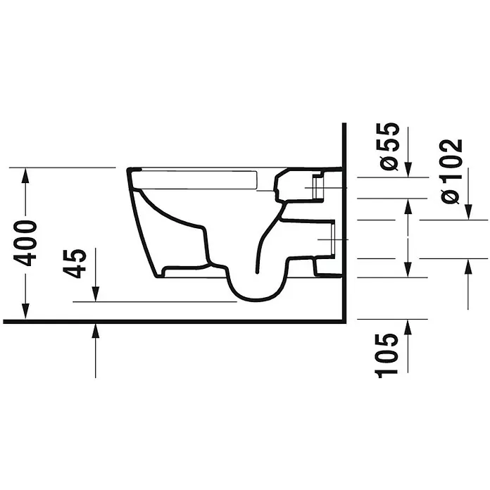 Duravit ME by Starck Wand-WC-Set Typ 1 - Spülrandlos, Ohne Spezialglasur, Spülform: Tief, WC Abgang: Waagerecht, Weiß - Technische Zeichnung einer wandhängenden Toilette mit Maßangaben für Installation und Anschlüsse.
