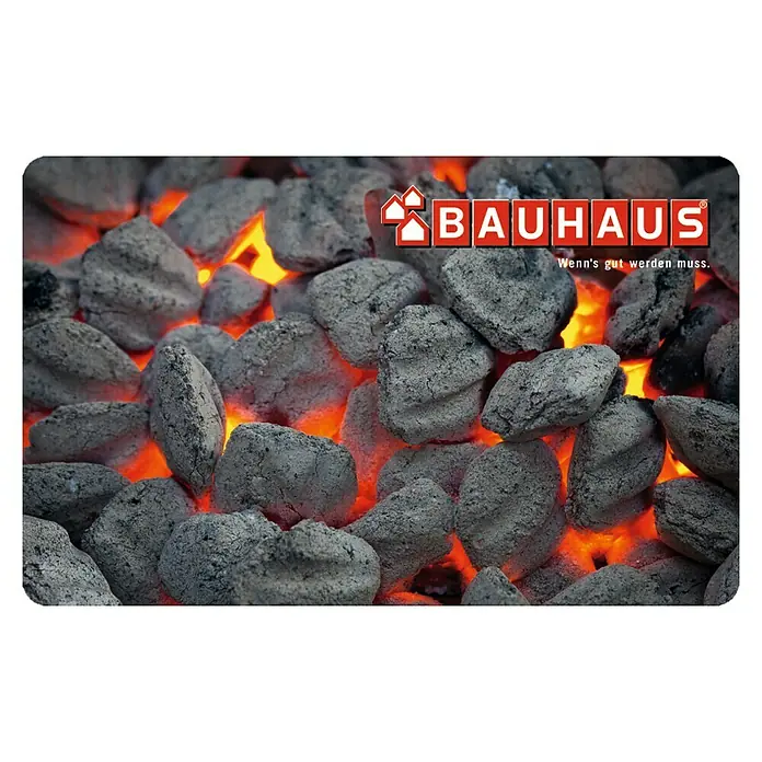 Gutscheinkarte - Zum Selbstausdruck, Individueller Betrag, Grillkohle - Glut von Grillbriketts mit Bauhaus-Logo. Wenn's gut werden muss.