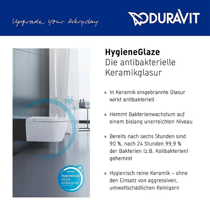 Duravit Starck 3 Wand-WC - Spülrandlos, Mit antibakterieller Glasur, Spülform: Tief, WC Abgang: Waagerecht, Weiß - Werbung für Duravit HygieneGlaze, eine antibakterielle Keramikglasur, die 99,9 % der Bakterien reduziert und für hygienische Keramik sorgt.