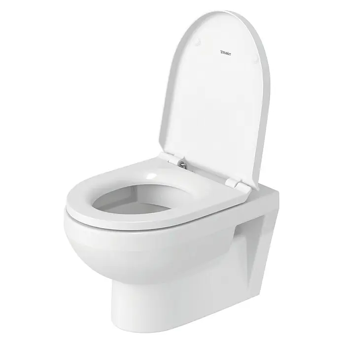 Duravit DuraStyle Wand-WC Basic - Spülrandlos, Ohne Spezialglasur, Spülform: Tief, WC Abgang: Waagerecht, Weiß - Ein weißes wandhängendes Duravit-WC mit offenem Deckel, das ein modernes und hygienisches Badezimmerdesign betont.