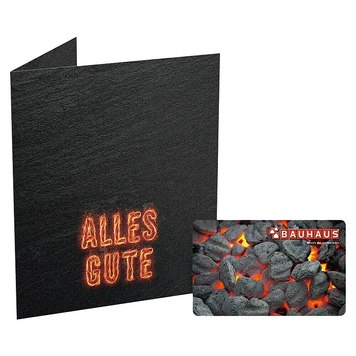Gutscheinkarte - Per Postversand, Individueller Betrag, Grillkohle - Geschenkkarte von Bauhaus zum Grillen mit dem Text "Alles Gute" auf der Karte.