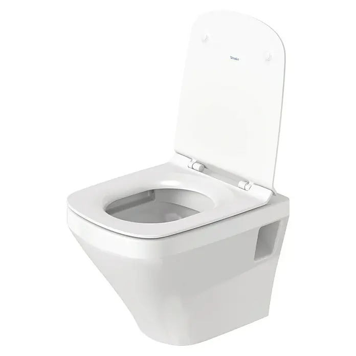 Duravit DuraStyle Wand-WC-Set Compact - Spülrandlos, Ohne Spezialglasur, Spülform: Tief, WC Abgang: Waagerecht, Weiß - Weißes Duravit Wand-WC mit offenem Deckel, modernes Design für jedes Badezimmer.