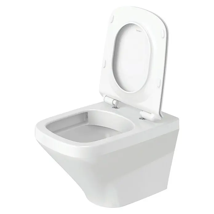 Duravit DuraStyle Wand-WC-Set - Spülrandlos, Ohne Spezialglasur, Spülform: Tief, WC Abgang: Waagerecht, Weiß - Nahaufnahme einer weißen, wandmontierten Toilette mit offenem Deckel, die ein modernes und hygienisches Design zeigt.