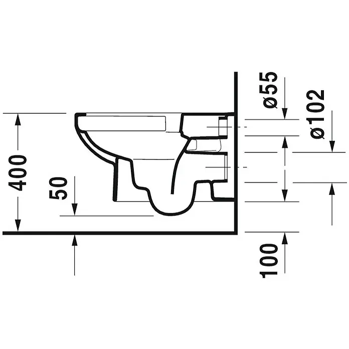 Duravit DuraStyle Wand-WC Basic - Spülrandlos, Ohne Spezialglasur, Spülform: Tief, WC Abgang: Waagerecht, Weiß - Technische Zeichnung einer wandhängenden Toilette mit Maßangaben für Höhe und Durchmesser der Anschlüsse.