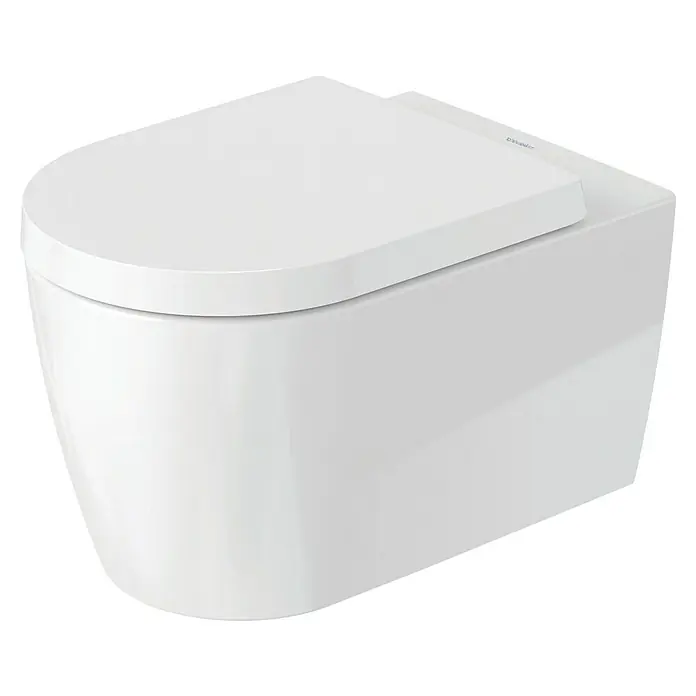 Duravit ME by Starck Wand-WC-Set Typ 1 - Spülrandlos, Ohne Spezialglasur, Spülform: Tief, WC Abgang: Waagerecht, Weiß - Das Bild zeigt eine moderne, wandhängende Toilette in Weiß. Das minimalistische Design und die klaren Linien betonen die hochwertige Verarbeitung.
