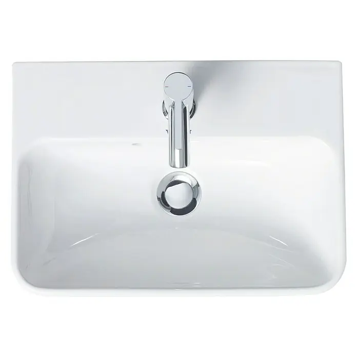 Duravit ME by Starck Waschbecken - 45 x 32 cm, Ohne Spezialglasur, Hahnloch: Mitte, Mit Überlauf, Weiß - Eine Nahaufnahme eines weißen Waschbeckens mit einem modernen Wasserhahn und einem runden Abfluss in der Mitte des Beckens.