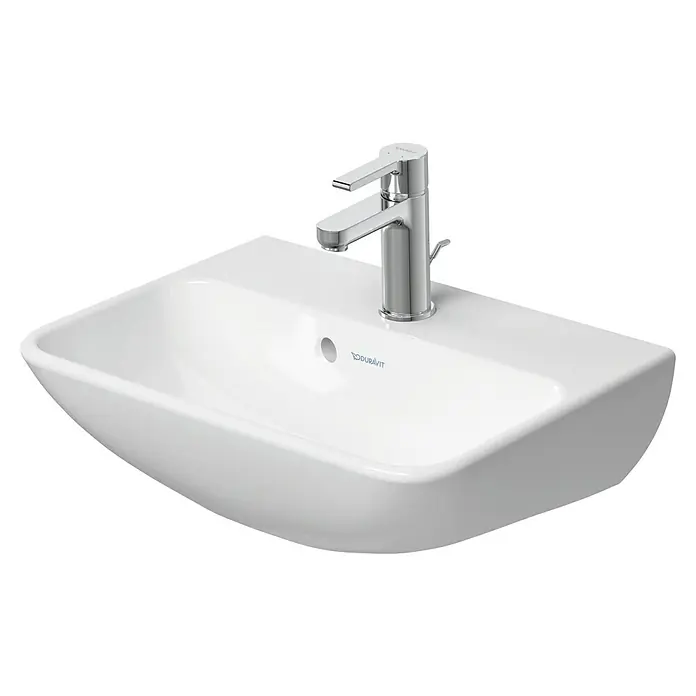 Duravit ME by Starck Waschbecken - 45 x 32 cm, Ohne Spezialglasur, Hahnloch: Mitte, Mit Überlauf, Weiß - Ein Waschbecken mit Armatur, das Design ist modern und minimalistisch. Die weiße Keramik wirkt hochwertig und ist leicht zu reinigen.