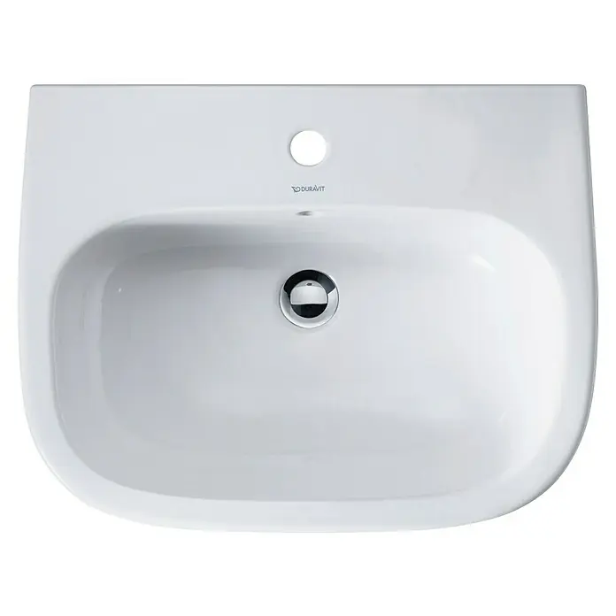 Duravit D-Code Waschtisch - 60 x 46 cm, Ohne Spezialglasur, Hahnloch: Mitte, Mit Überlauf, Weiß - Aufsicht auf ein weißes Duravit Waschbecken mit rundlichem Becken und Hahnloch. Das Design ist modern und minimalistisch.