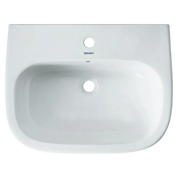 Duravit D-Code Waschtisch - 60 x 46 cm, Ohne Spezialglasur, Hahnloch: Mitte, Mit Überlauf, Weiß - Ein Waschbecken der Marke Duravit in Weiß, mit Hahnloch und Überlauf, ideal für moderne Badezimmergestaltung.