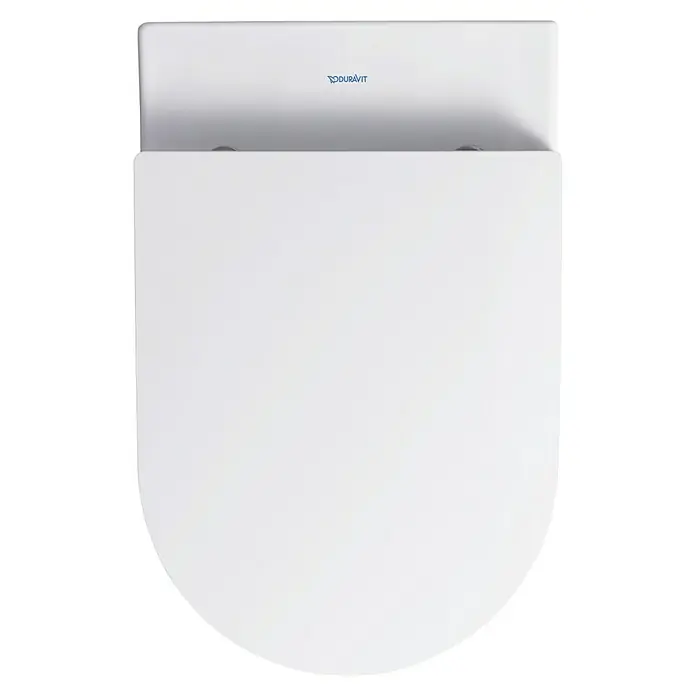Duravit ME by Starck Wand-WC-Set Typ 1 - Spülrandlos, Ohne Spezialglasur, Spülform: Tief, WC Abgang: Waagerecht, Weiß - Ansicht von oben einer Duravit-Toilette mit weißem Design, die eine saubere und moderne Ästhetik für Badezimmer bietet.