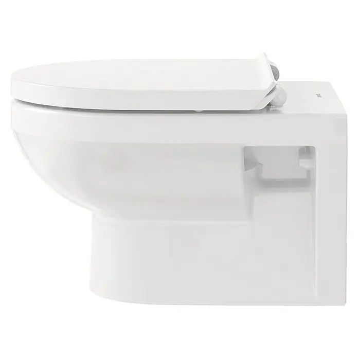 Duravit DuraStyle Wand-WC Basic - Spülrandlos, Ohne Spezialglasur, Spülform: Tief, WC Abgang: Waagerecht, Weiß - Nahaufnahme einer weißen Wand-Toilette, die ein modernes und minimalistisches Design aufweist. Das elegante Sanitärkeramik-Produkt ist ideal für Badezimmer.