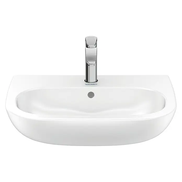 Duravit D-Code Waschtisch - 60 x 46 cm, Ohne Spezialglasur, Hahnloch: Mitte, Mit Überlauf, Weiß - Aufsicht auf ein Duravit Waschbecken mit Armatur, elegant und modern im Design. Ideal für jedes Badezimmer.