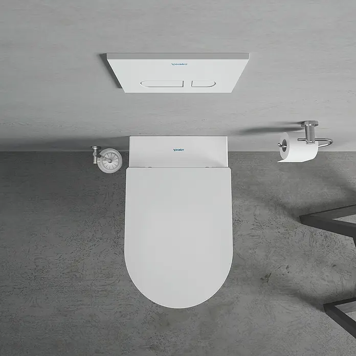 Duravit ME by Starck Wand-WC-Set Typ 1 - Spülrandlos, Ohne Spezialglasur, Spülform: Tief, WC Abgang: Waagerecht, Weiß - Draufsicht auf eine weiße Duravit Toilette mit Betätigungsplatte und Toilettenpapierhalter in einem modernen Badezimmer.