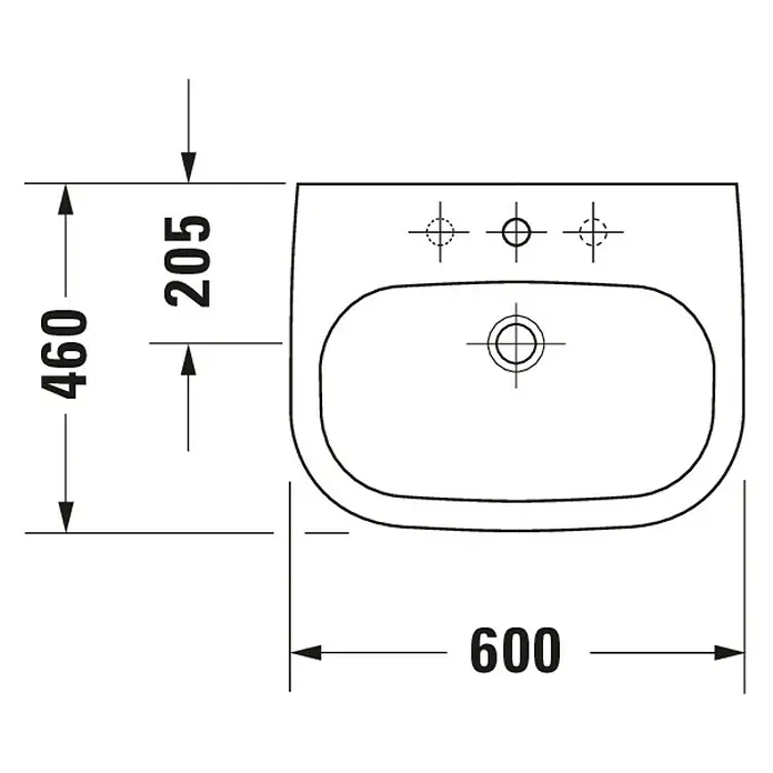 Duravit D-Code Waschtisch - 60 x 46 cm, Ohne Spezialglasur, Hahnloch: Mitte, Mit Überlauf, Weiß - Technische Zeichnung eines Aufsatzwaschbeckens mit Maßen. Das Waschbecken ist 600 x 460 mm groß und hat eine Tiefe von 205 mm.