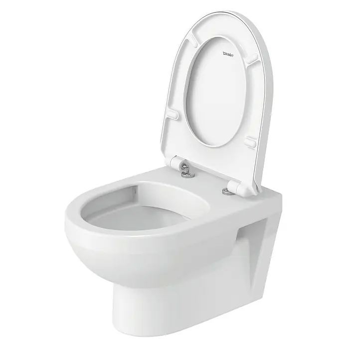 Duravit DuraStyle Wand-WC-Set Basic - Spülrandlos, Ohne Spezialglasur, Spülform: Tief, WC Abgang: Waagerecht, Weiß - Nahaufnahme einer Duravit Wandtoilette mit offenem Deckel, die ein modernes, weißes Design und eine hygienische Lösung für Badezimmer zeigt.