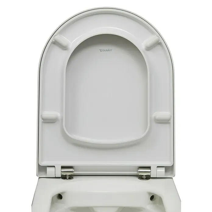 Duravit ME by Starck Wand-WC-Set Typ 1 - Spülrandlos, Ohne Spezialglasur, Spülform: Tief, WC Abgang: Waagerecht, Weiß - Weiße Duravit Toilettenbrille mit Deckel und glänzenden Metallscharnieren, ideal für jedes moderne Badezimmer.