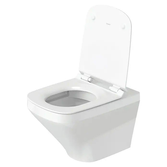 Duravit DuraStyle Wand-WC-Set - Spülrandlos, Ohne Spezialglasur, Spülform: Tief, WC Abgang: Waagerecht, Weiß - Auf dem Bild ist eine wandhängende Duravit-Toilette mit geöffnetem Deckel vor schwarzem Hintergrund zu sehen. Das Modell ist in schlichtem Weiß gehalten.