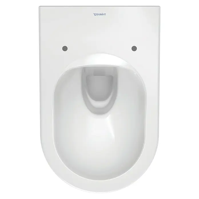 Duravit ME by Starck Wand-WC-Set Typ 1 - Spülrandlos, Ohne Spezialglasur, Spülform: Tief, WC Abgang: Waagerecht, Weiß - Eine Nahaufnahme einer Duravit Toilette in strahlendem Weiß, die durch ihr minimalistisches Design und klare Linien besticht.