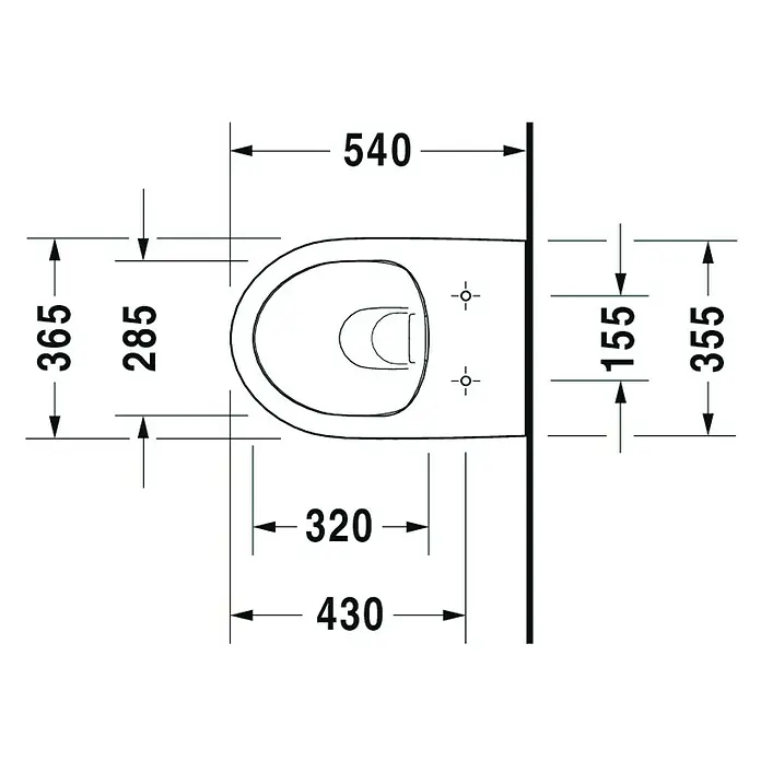 Duravit DuraStyle Wand-WC Basic - Spülrandlos, Ohne Spezialglasur, Spülform: Tief, WC Abgang: Waagerecht, Weiß - Technische Zeichnung einer hängenden Toilette mit Bemaßungen für Installation und Design.